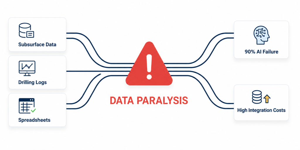 Three data sources—subsurface data, drilling logs, and spreadsheets—converge at a data paralysis warning, resulting in a 90% AI failure rate and high integration costs.