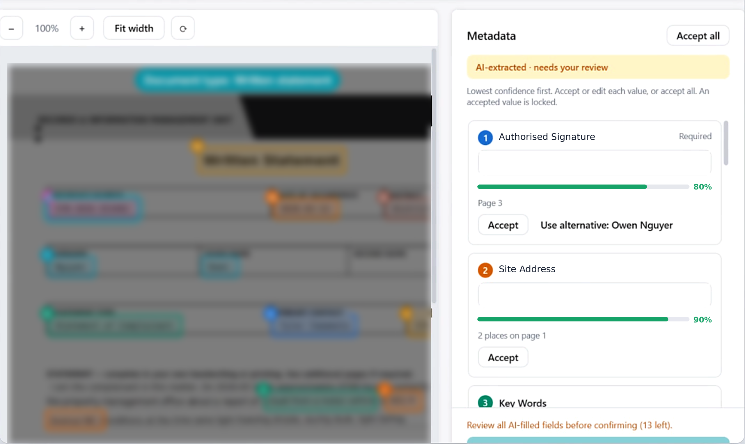 Review screen with confidence scores beside each extracted value